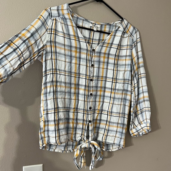 Maurices Women Long Sleeve Top White Yellow Plaid Tie Front Button Up - XS - Picture 2 of 15